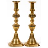 ENGLISH BRASS PUSH-UP STYLE CANDLESTICKS, C.  1890 PAIR, H 12":  Canted corners, beehive form.