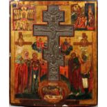 RUSSIAN ORTHODOX ICON, 21" X 17":  Metal inset  relief crucifix on hand painted gold leaf wood