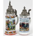 GERMAN PORCELAIN REGIMENTAL STEINS, TWO, H 11",  LITHOPONE BASES:  Military steins, each having a