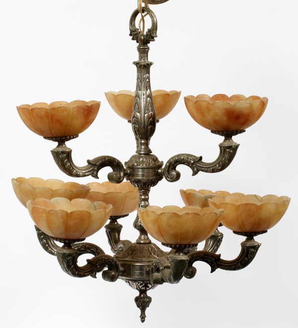 TWO-TIER SILVERED METAL CHANDELIER WITH  ALABASTER GLOBES, H 24", DIA 22":  Nine  alabaster