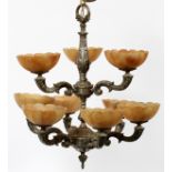 TWO-TIER SILVERED METAL CHANDELIER WITH  ALABASTER GLOBES, H 24", DIA 22":  Nine  alabaster