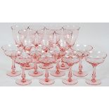 PINK GLASS CHAMPAGNE & WINE GLASSES, C. 1940, 15  PIECES, H 5 1/4 & 7":  Including a set of 8