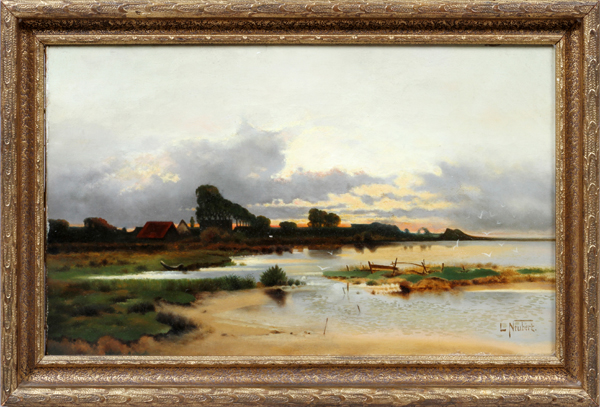 LOUIS NEUBERT [GERMAN, 1846-1892], "SUNSET", H  11", W 20":  Signed lower right. Depicts a  seascape