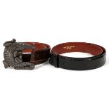 BARRY KIESELSTEIN-CORD STERLING ALLIGATOR GRAND  BUCKLE, W 3 3/4", WITH ALLIGATOR SKIN BELTS [