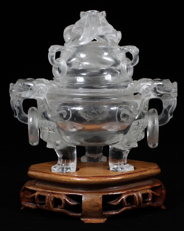 CHINESE ROCK CRYSTAL QUARTZ KORO, H 7":  Natural  crystal quartz koro carved with elephant mask  and - Image 2 of 3