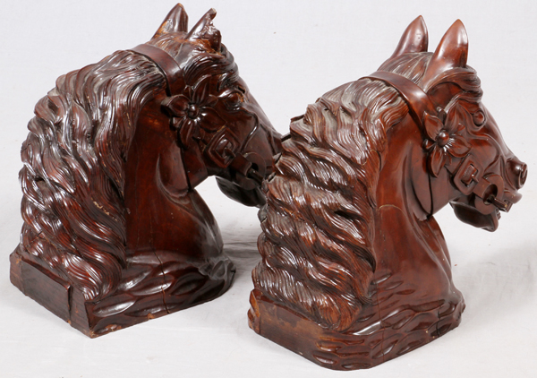 CHINESE CARVED WOOD HORSES' HEADS, PAIR, H 15" W  7", D 17":  Unmarked. - Image 2 of 2