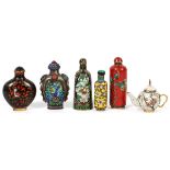 CHINESE CLOISONNÉ SNUFF BOTTLES AND TEAPOT SIX  PIECES:  Including 5 snuff bottles in cloisonné  and