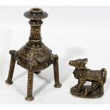 BENIN BRONZE BOTTLE & ANIMAL FIGURE, TWO, H 6",  3":  Benin African bronze ointment bottle on