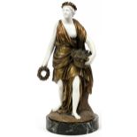 HAND-PAINTED PORCELAIN FIGURE, H 15":  Goddess  in gilt cloth holding basket and wreath leaning