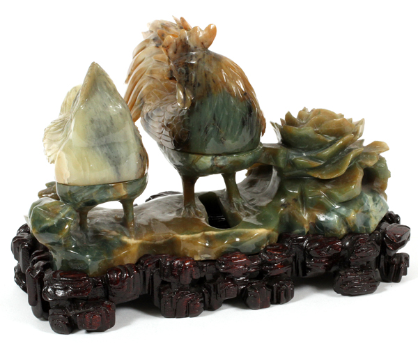 CHINESE SERPENTINE CARVED CHICKEN BOXES H 6  1/2":  Chicken and rooster on a rocky formation.  Heads - Image 2 of 2