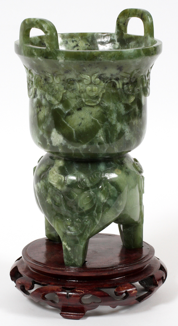 CHINESE CARVED SERPENTINE KORO, H 8", DIA 4":   On three legs. Hand carved from a single piece  of - Image 2 of 2