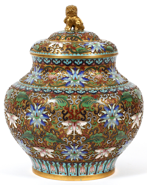 CHINESE CLOISONEE ENAMELED COVERED JAR, H 10":   Gilt copper with lid having Fu dog finial. Fine