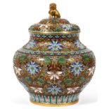 CHINESE CLOISONEE ENAMELED COVERED JAR, H 10":   Gilt copper with lid having Fu dog finial. Fine