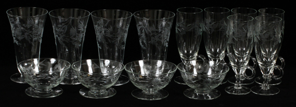 CRYSTAL CHAMPAGNE, IRISH COFFEE GLASSES,  PARFAITS & BOWLS, C 1940S, 25, H 5 3/4 & 6 3/4",  DIA 4