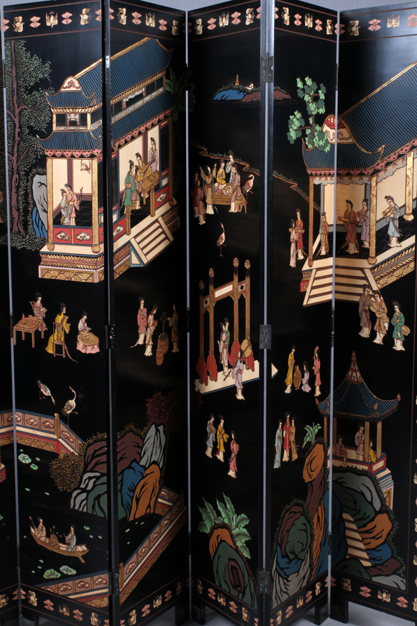 CHINESE EIGHT PANEL COROMANDEL SCREEN, H 84" L  128":  Beautifully decorated with home and  garden - Image 2 of 3