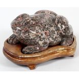 CHINESE CARVED HARDSTONE FROG, L 4 3/4":   Unusual color stone in grey and pink. Carved  from single