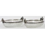 FABERGE STYLE SILVER & CUT GLASS OVAL BOWLS, C.  1900, PAIR, L 9 3/4":  Oval cut glass bowls with