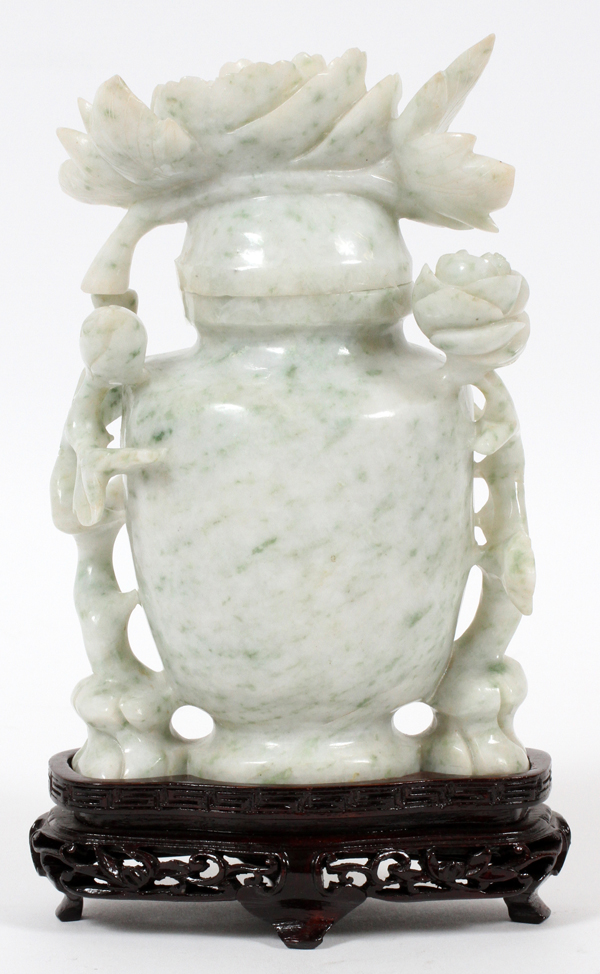CHINESE PALE GREEN JADE COVERED URN, H 7":  Base  carved from a single stone. Loose cover with - Image 2 of 2