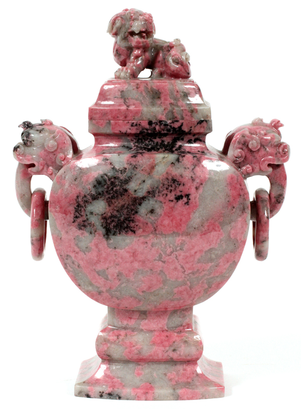 CHINESE CARVED HARDSTONE COVERED URN, H 9":   With Fu dog finial, in pink and gray. Hand  carved.