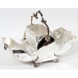 ENGLISH ELECTROPLATE SILVER BISCUIT BOX, H 7":   With a swing handle, pierced footed base. Made