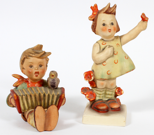 HUMMEL FIGURES #110/56 FLOWER GIRL #72 TWO H 3"  - 5":  Seated boy with accordion,  Germany,   #