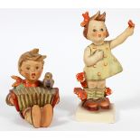 HUMMEL FIGURES #110/56 FLOWER GIRL #72 TWO H 3"  - 5":  Seated boy with accordion,  Germany,   #