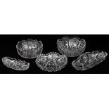 AMERICAN BRILLIANT CUT GLASS BOWLS & RELISH  DISHES, C. 1900, FIVE PIECES, W 7"-8", INCLUDING