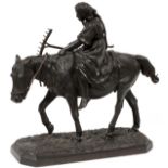 NIKOLAI LIEBERICH, RUSSIAN 1828-83, BRONZE  SCULPTURE H 17":  A barefoot woman with a rake  riding