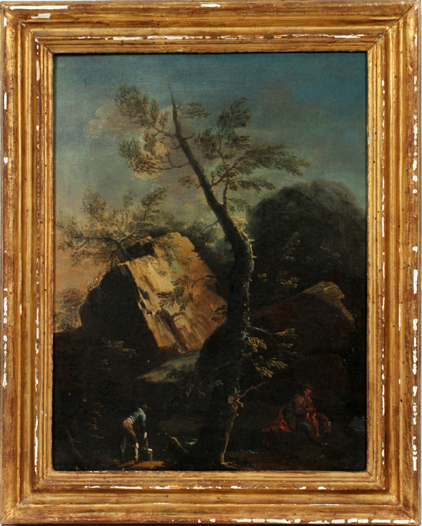 ITALIAN OIL ON CANVAS, 19TH C., H 18", W 14",  LANDSCAPE WITH STREAM:  Depicts two figures