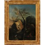 ITALIAN OIL ON CANVAS, 19TH C., H 18", W 14",  LANDSCAPE WITH STREAM:  Depicts two figures