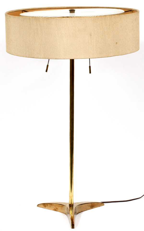 GERALD THURSTON FOR STIFFEL BRASS TABLE LAMP,  MID 20TH C., H 21":  Brass tripod base; shade is