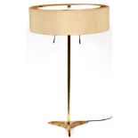 GERALD THURSTON FOR STIFFEL BRASS TABLE LAMP,  MID 20TH C., H 21":  Brass tripod base; shade is