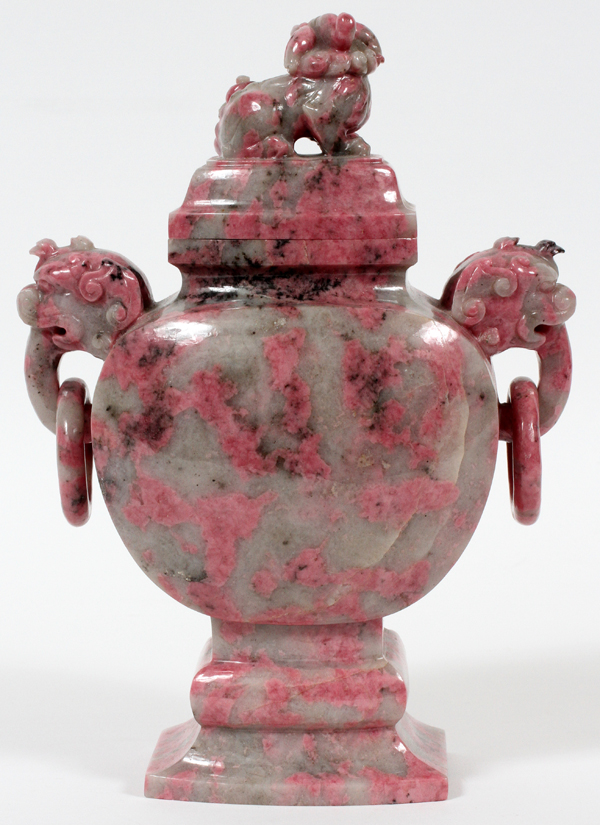 CHINESE CARVED HARDSTONE COVERED URN, H 9":   With Fu dog finial, in pink and gray. Hand  carved. - Image 2 of 2