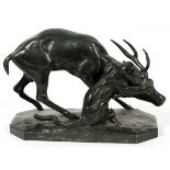 AFTER BARYE, BRONZE SCULPTURE, 8" X 12" PANTHER  SEIZING A STAG:  Susse Freres, Paris foundry  mark.