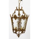 HEXAGONAL BRASS HANGING LAMP, H 21", DIA 11.5":   A Spanish style brass hanging lamp, having  etched