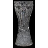 BRILLIANT PERIOD CUT GLASS VASE, C. 1900, H 12":   Cut daisy and button pattern, inverted sides.