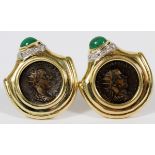 1.50CT EMERALD & .30CT DIAMONDS COIN 18KT GOLD  CLIP EARRINGS, H 1 3/8":  A pair of 1.50ct  emeralds