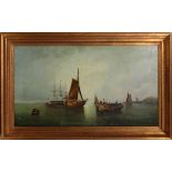 OIL ON CANVAS, H 23", W 41 1/2" SAILING VESSELS  OFF THE COAST:  Framed. Signed illegibly in the