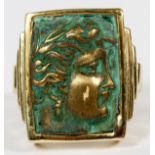 DESIGNER GREEK PROFILE 14KT GOLD RING, H 13/16",  SIZE 8:  A 14kt yellow gold Greek profile