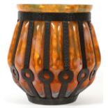 DAUM NANCY GLASS VASE WITH IRON MOUNTS, H 12",  DIA 11":  A blow-out glass vase in shades of  orange