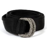 GIORGIO ARMANI BLACK SATIN BELT, L 38'':  Black  satin belt with clear jewels set into dark  metal.