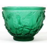 LALIQUE STYLE MOLDED GREEN GLASS BOWL, H 6'',  DIA 8'':  Motif of horses in low relief.
