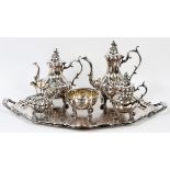 REED AND BARTON SILVERPLATE TEA SERVICE, 6 PCS.:   Including 1 coffee pot, 1 tea pot, 1 creamer,