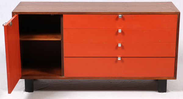 GEORGE NELSON [1908-1986] FOR HERMAN MILLER  WALNUT & ENAMEL CABINET, MID 20TH C., H 30", W  56", - Image 3 of 3