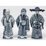 CHINESE BLUE & WHITE CERAMIC STANDING FIGURES,  THREE, H 12", MODERN:  Blue underglaze