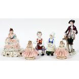 GERMAN PORCELAIN FIGURES, C. 1900-1940, FIVE, H  3 1/2"-6 1/2":  Including 1 Muller & Co.,