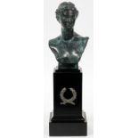 BRONZE FEMALE BUST ON PLINTH, EARLY TO MID 20TH  C., H 7":  Overall height 13 1/2", green patina.