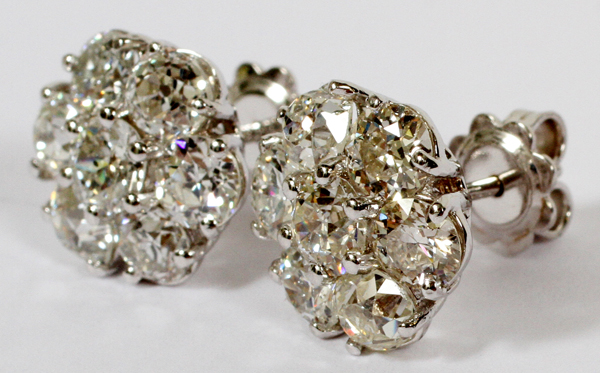 5.75CT DIAMOND CLUSTER & 14KT WHITE GOLD  EARRINGS, DIA 9/16":  A pair of 14kt white gold  and 5. - Image 2 of 2