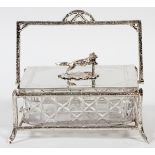 SILVERPLATE & CUT GLASS SARDINE BOX, W 5":  Fox  figural finial. From a pominent Dearborn