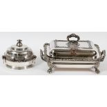 SILVER PLATE CHAFING DISH & COVERED BUTTER DISH,  W 12":  Beautifully detailed silver plate  chafing